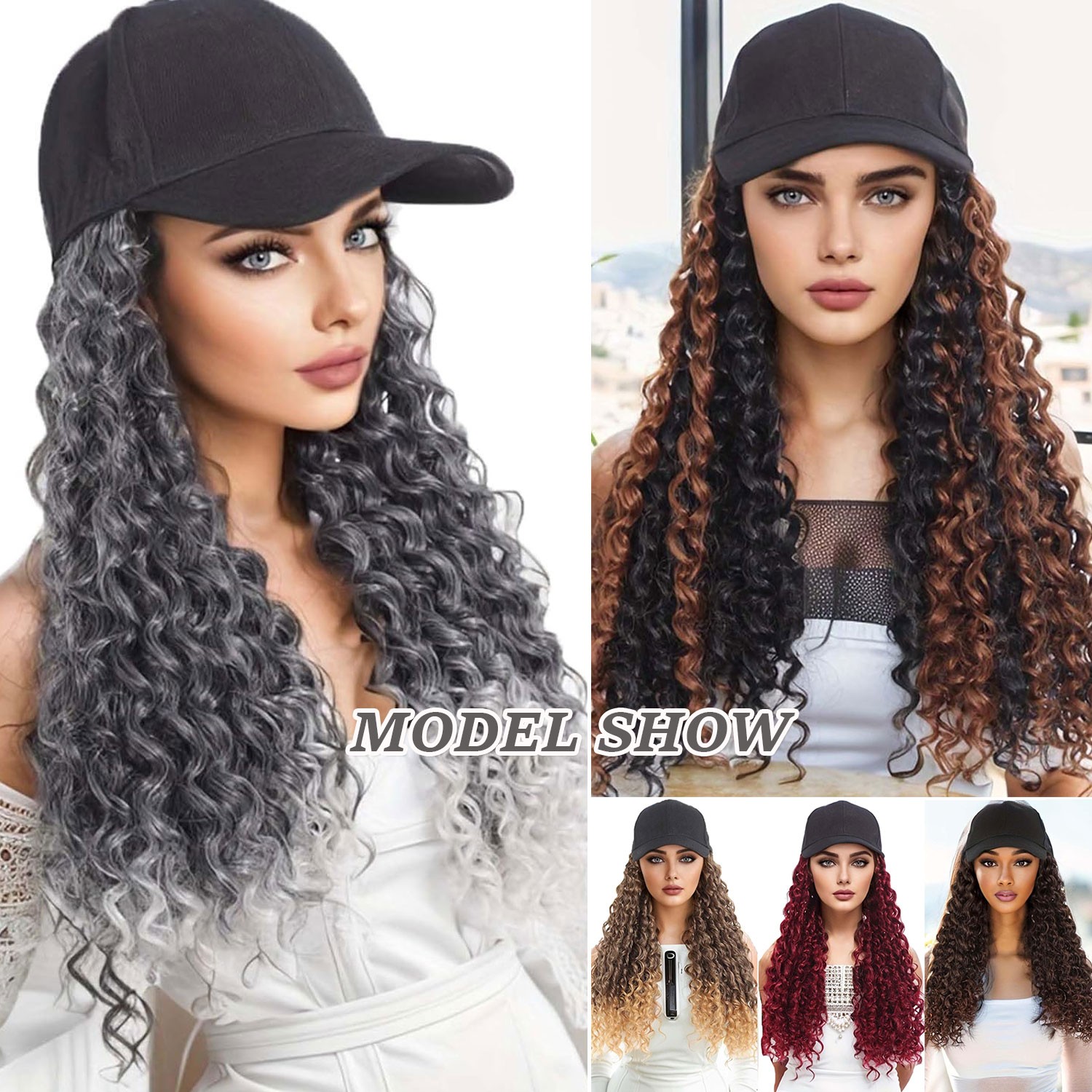 Xmas Wig With Black Hat Baseball Wigs Cap Long Wavy Curly Hair Wig Cap For Women