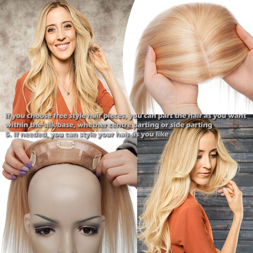 100% Human Hair Woman’s Topper Hairpiece Toupee Wig Black/Brown/Blonde Silk/Mono