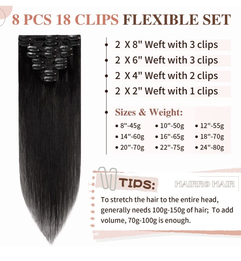 S-Nolite 8pcs Clip-in Hair Extension Thin 18″ Length, Jet Black, 70g, 18 Clips