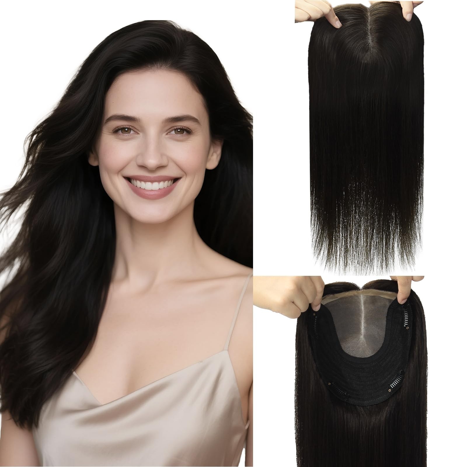 16″ Real Human Hair Topper for Women – Natural Black, 6×7″ Base, Volume Boost