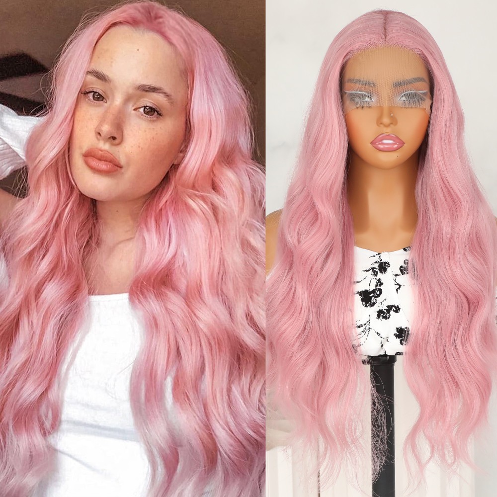 Long Wavy Pink Lace Front Wigs Heat Safe Middle Part Body Wave Hair Women Party