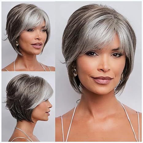 Short Grey Curly Wigs for Women Layered Silver Gray Pixie Cut Wig with Bangs
