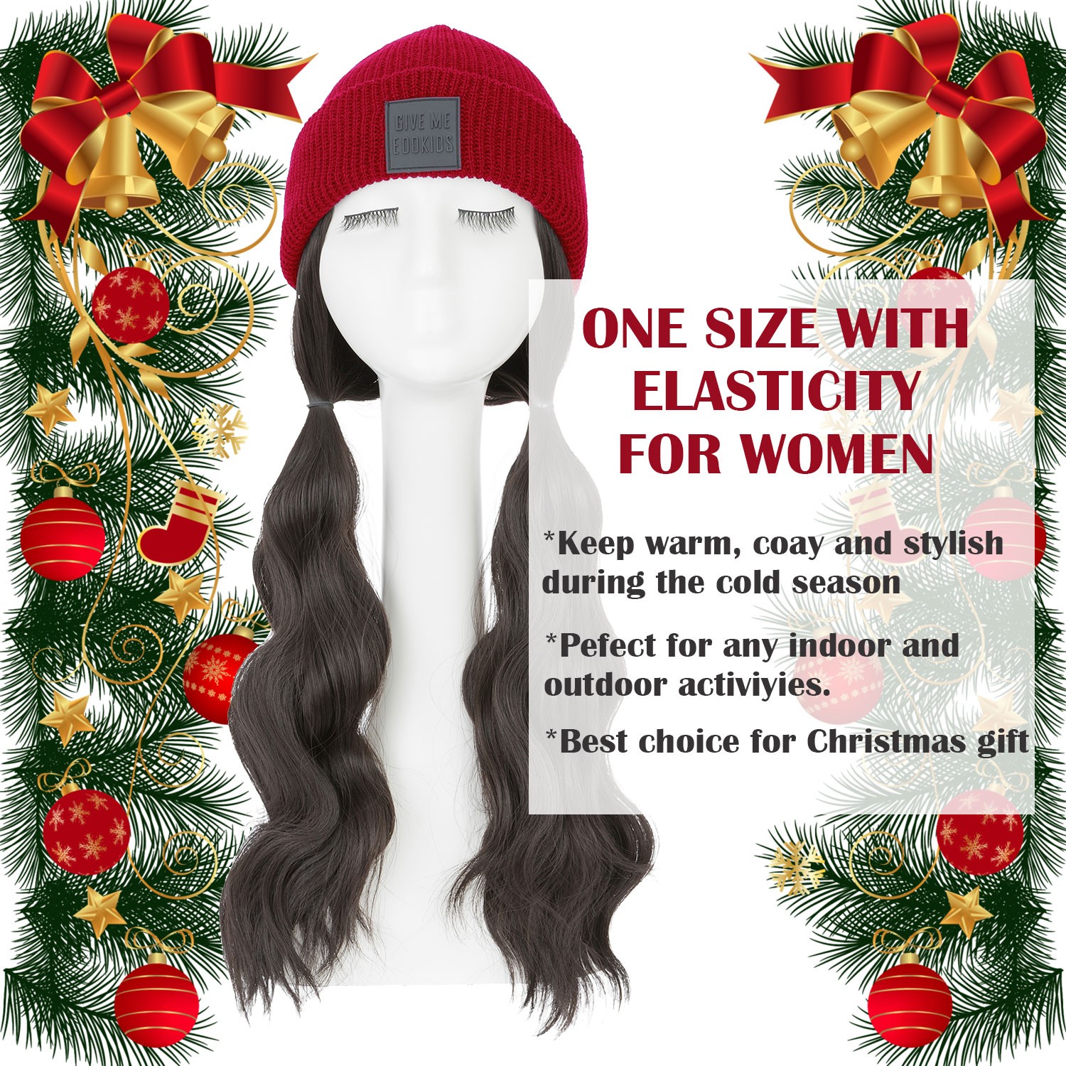 Winter Synthetic Women Long Wavy Beanie Knitted Hat Wig with Synthetic Hair Wigs