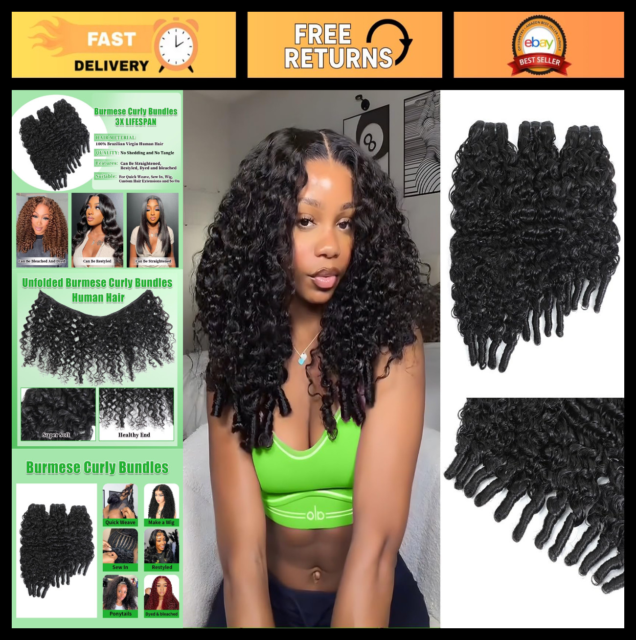 Real Raw Human Hair Extensions – 15A Water Curly Bundles, Double Weft, 16-20 Inc
