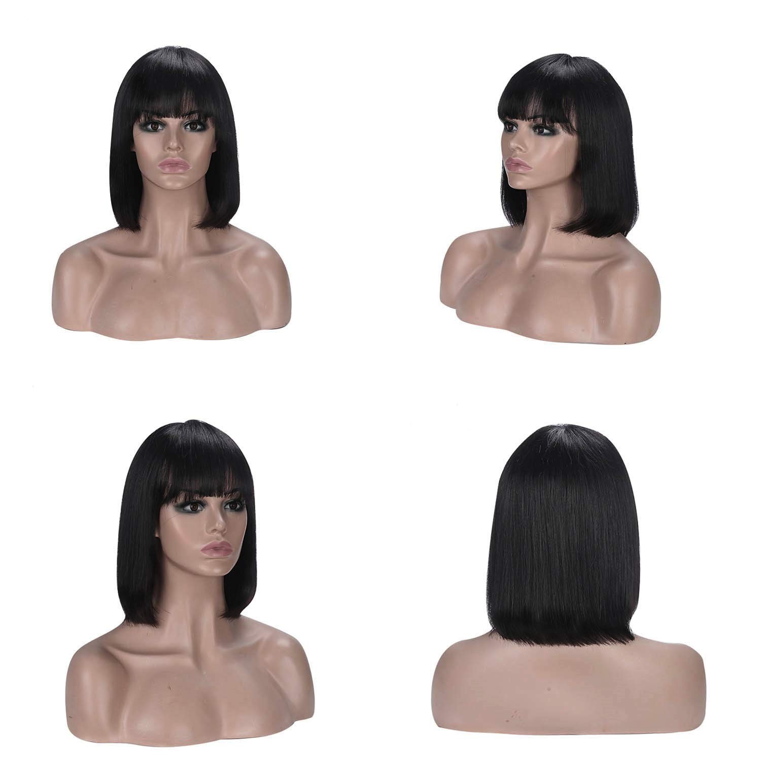 Short Bob Human Hair Wigs with Bangs No Lace Front Wigs Brazilian Straight Hair