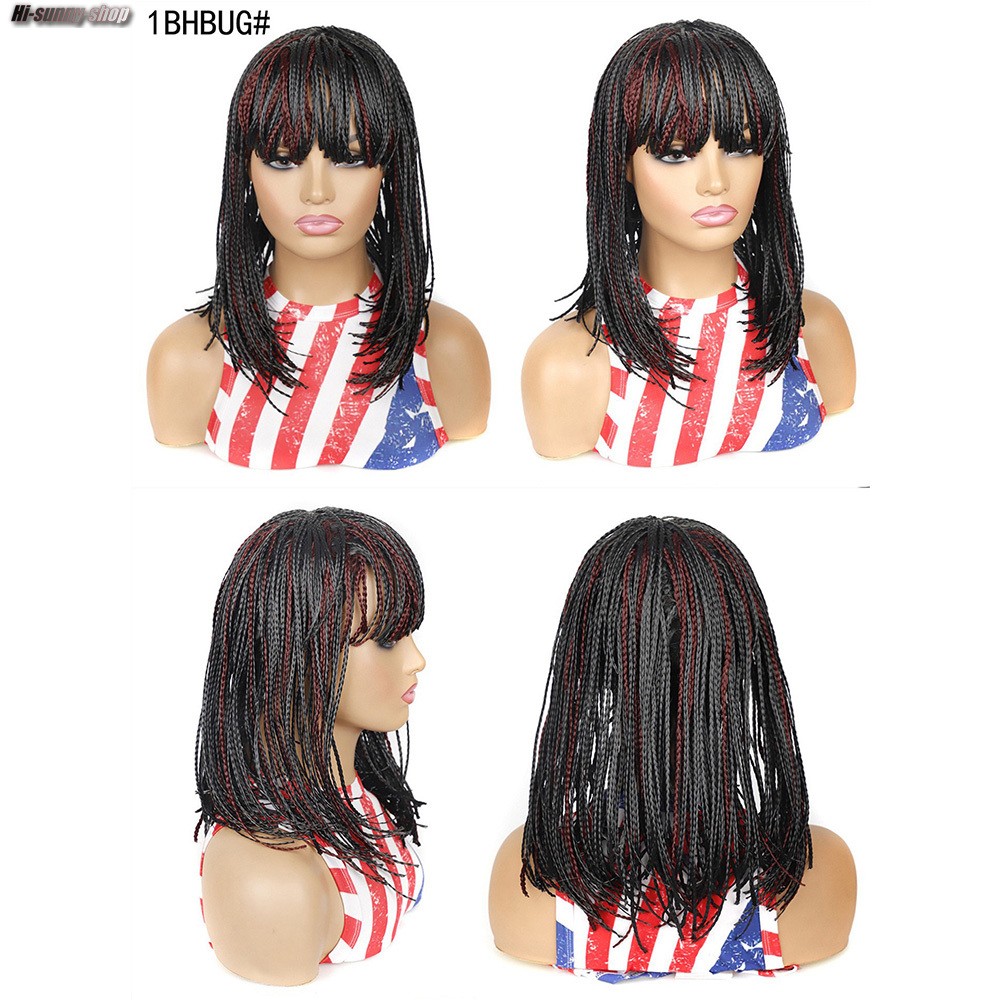 14″ Short BOB Box Braids Wigs for Black Women Synthetic Braiding Wigs Neat Bangs