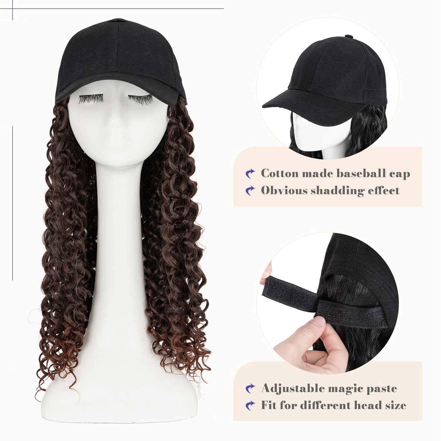 Xmas Wig With Black Hat Baseball Wigs Cap Long Wavy Curly Hair Wig Cap For Women