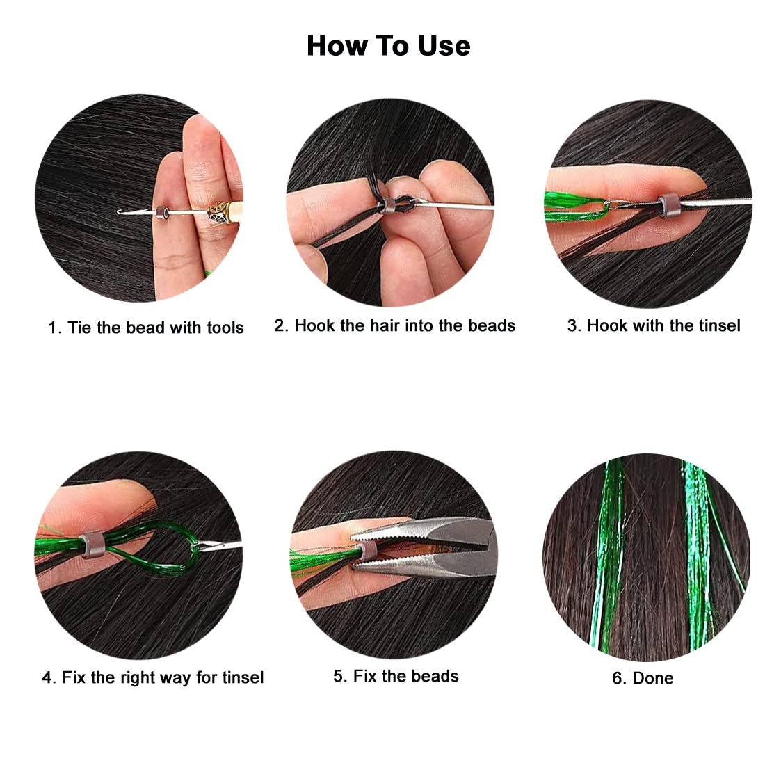USHUIUS Hair Tinsel Kit With Tools 6Pcs 1200 Strands Pink 47 Inch,