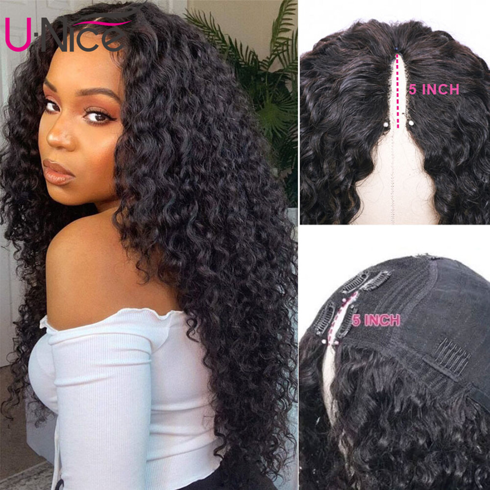 UNice Cambodian Kinky Curly V Part Lace Wigs Human Hair for Black Women Glueless