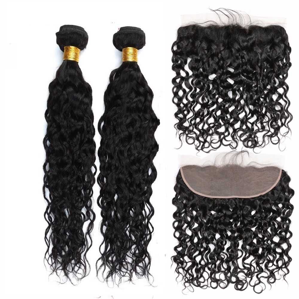 Water Wave Brazilian Virgin human Hair 2 Bundles with Lace Frontal natural black