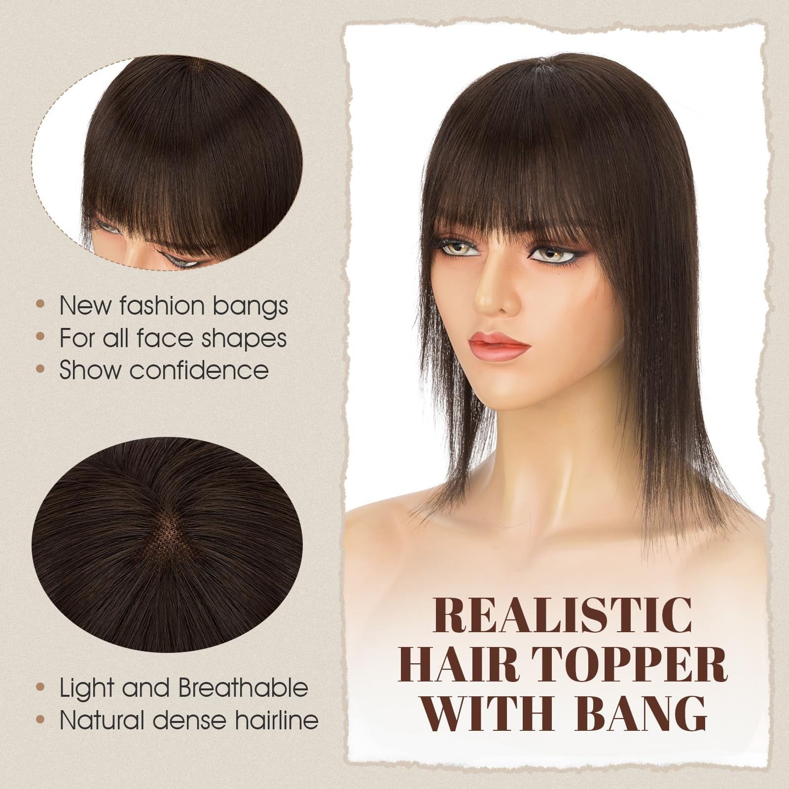360° 3D Human Hair Topper – Ultra Thin Clip-In Bangs for Thinning Gray Hair, 12″