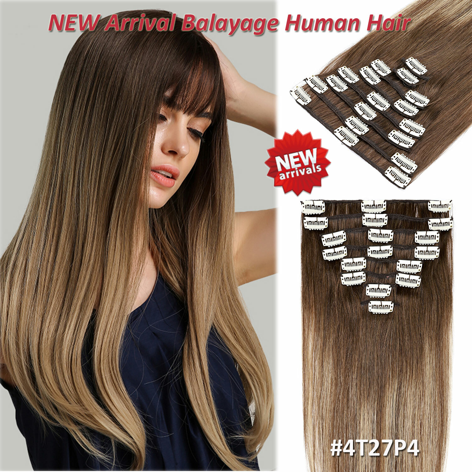 100% Real Russian Clip in Remy Human Hair Extensions 8 Pieces Full Head Blonde