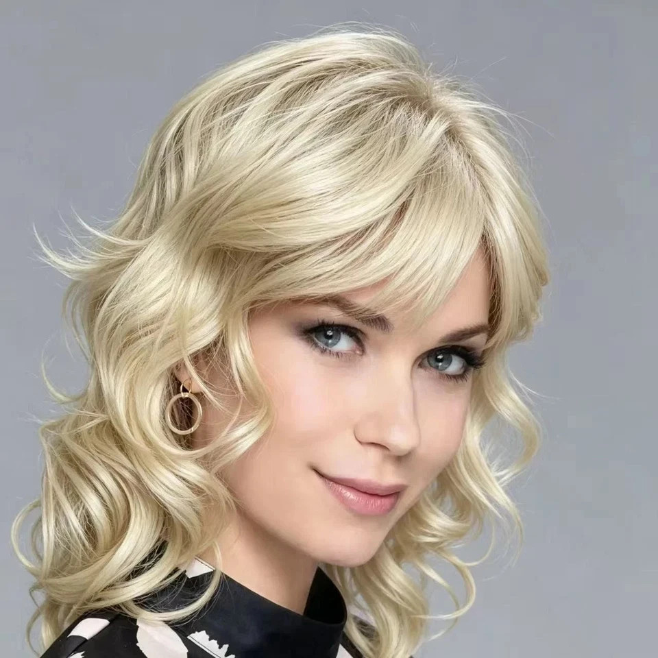 Dark Root Ombre Pale Blonde Wavy Bob Wig, Shoulder Length Synthetic Full Wig wit