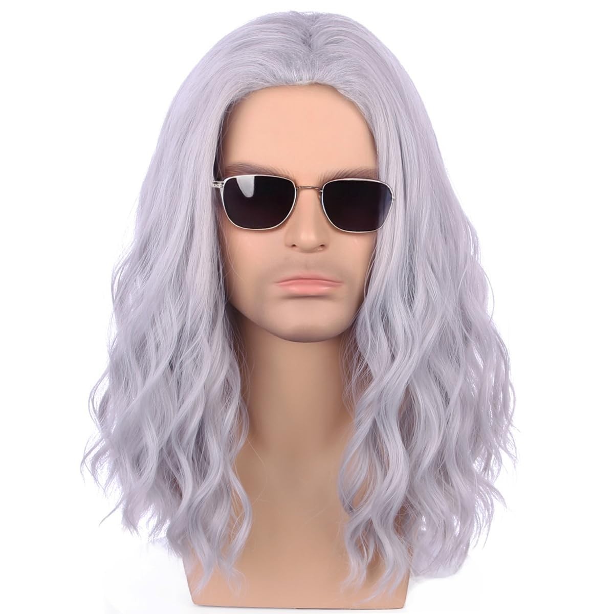 Silver Grey Long Wavy Wig for Men – Curly Cosplay & Halloween Heat-Resistant Hai