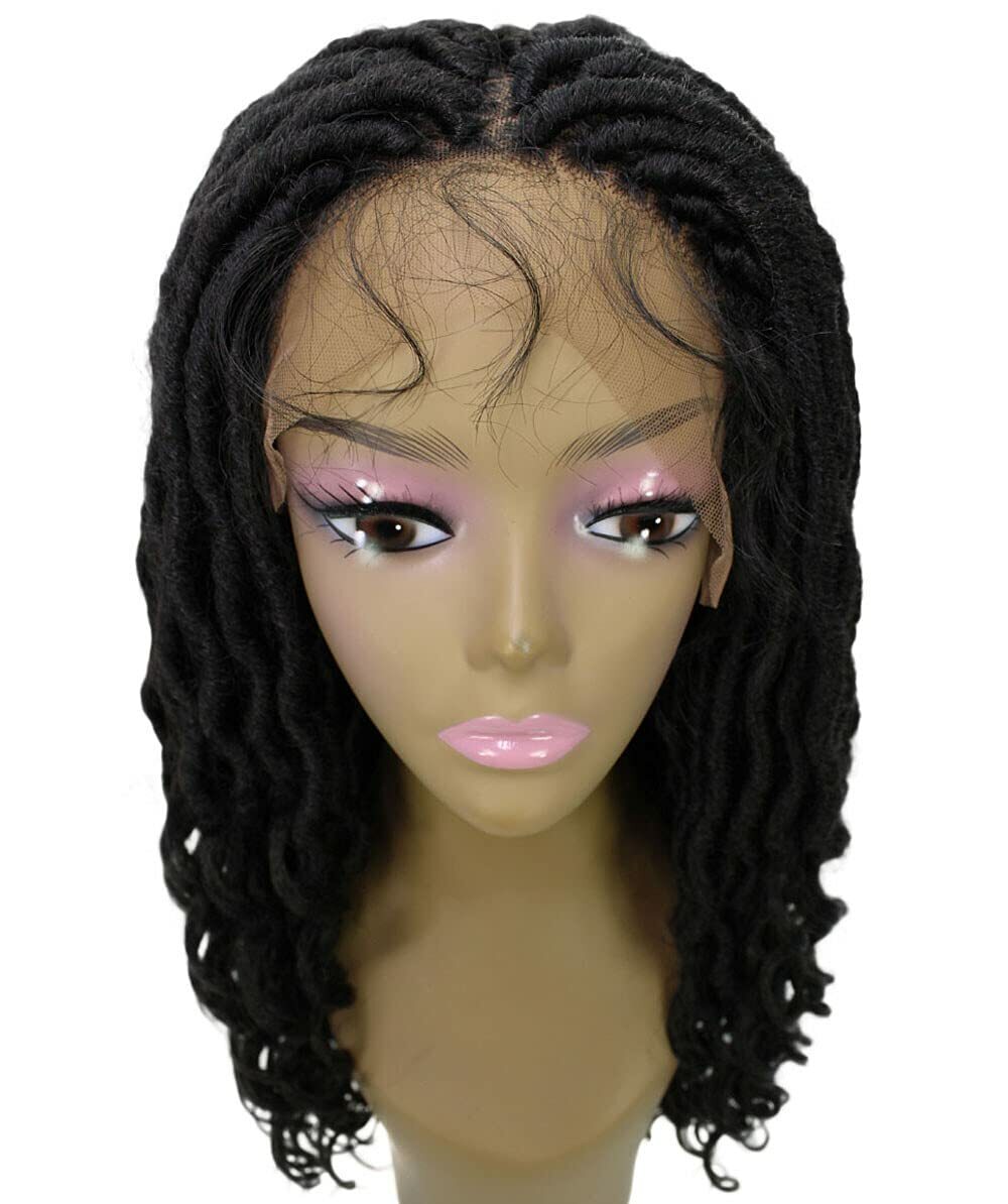 LUXLUXE Andrea 4×4 Curly Long 4X4 Hand Tied Lace Braid Natural Black Wig