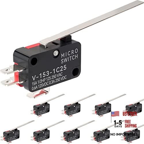 10Pcs Lead Limit Switch Long Straight Hinge Lever, SPDT 1NO 1NC Snap V-153-1C25