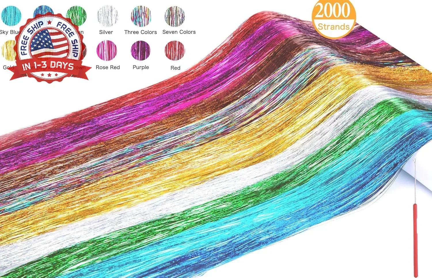 Hair Tinsel Kit 12 Colors, 2500 Strands 48 Inches Sparkling Tinsel Hair Extensio