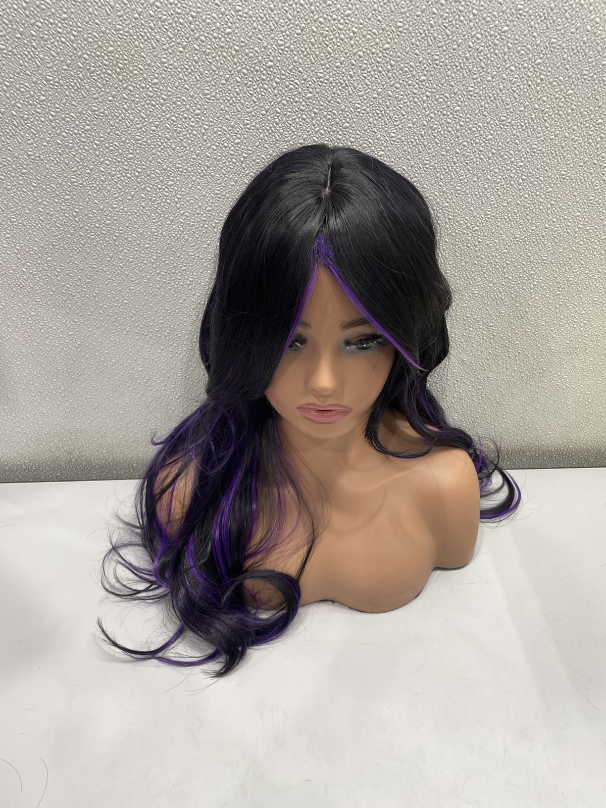 Highlight Purple Mix Black Synthetic Layered Glueless Wig, 24″