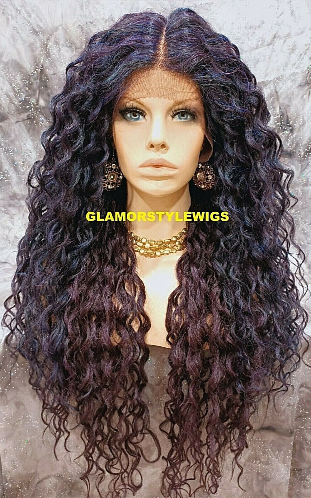 38” LACE FRONT FULL WIG EXTRA LONG LAYERED CURLY BLACK PURPLE BLUE MIX HEAT OK