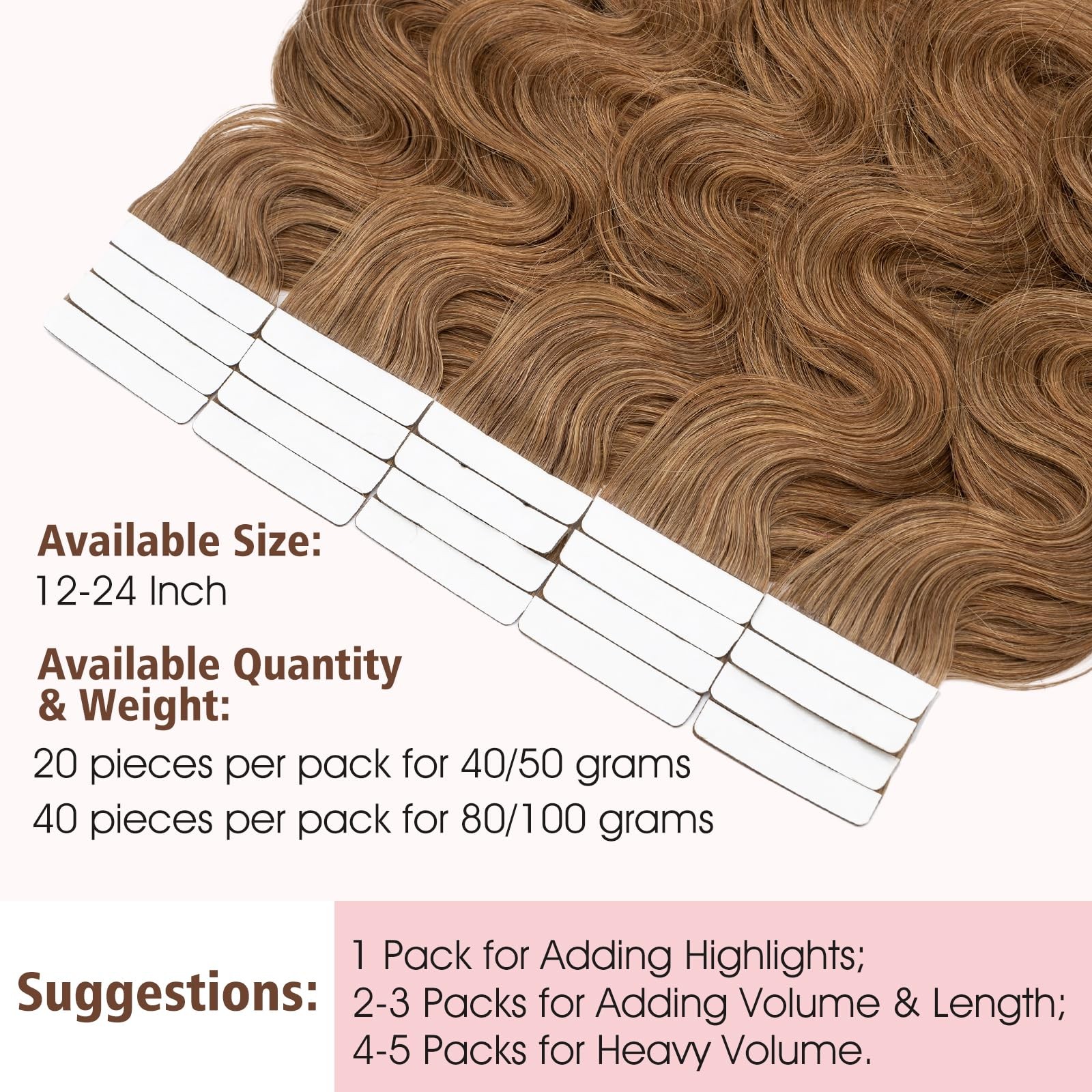 Hairro 14 Inch Tape In Hair Extensions Body Wave Human Hair Blondish Brown