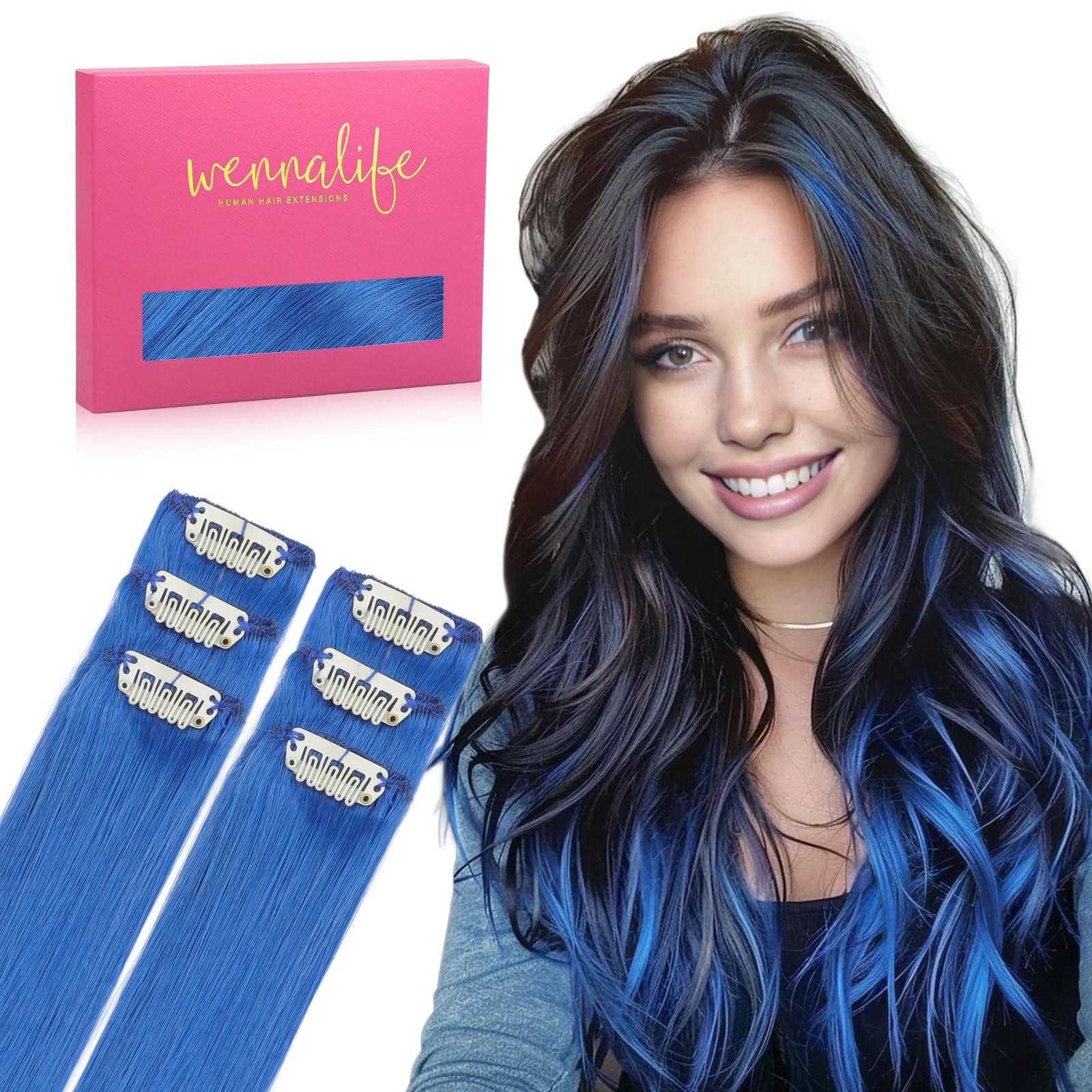 Blue Clip in Hair Extensions Real Human Hair 35g 6pcs 14 Inch Colored Hair Ex…