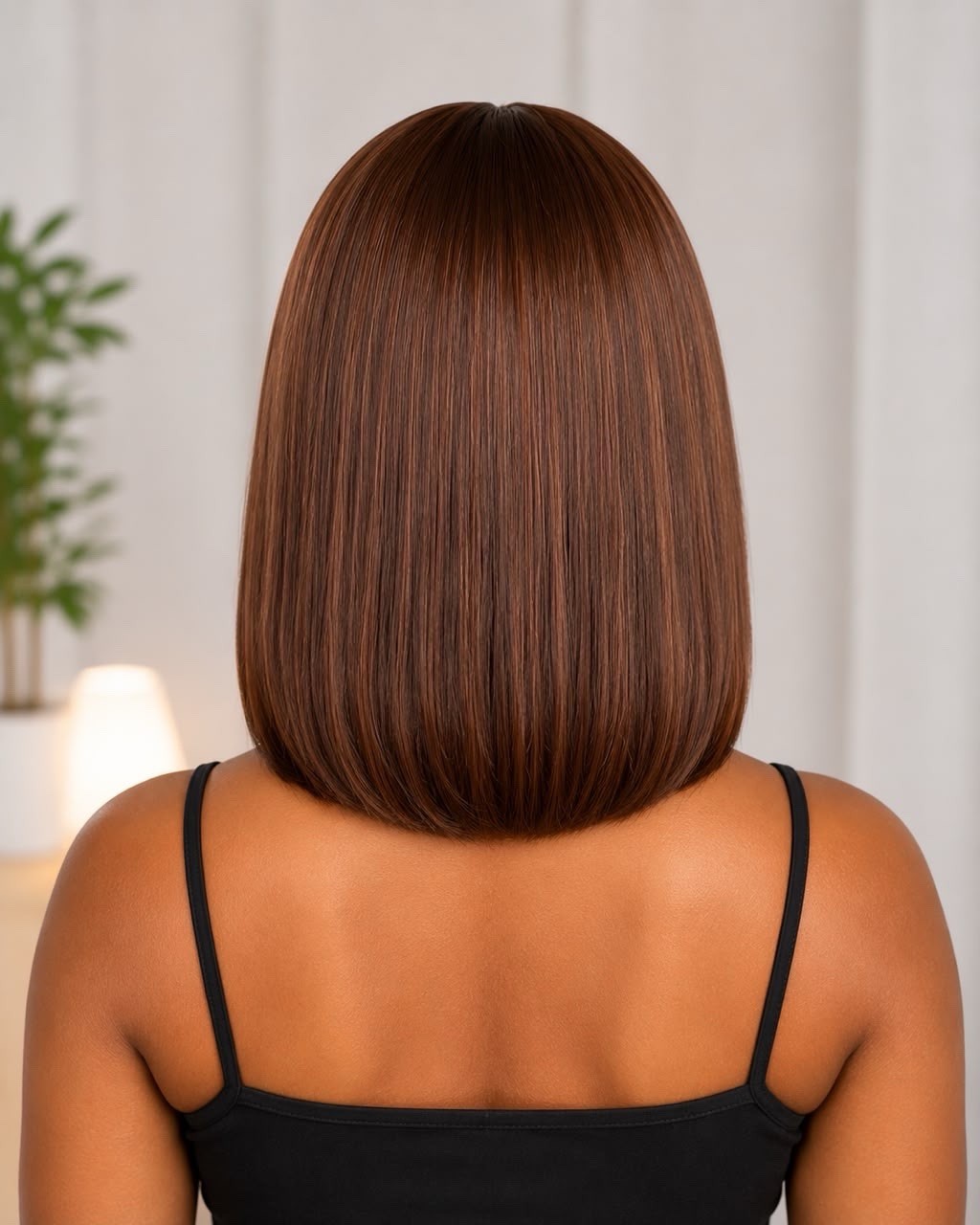 10″ Chocolate Brown Women’s 100% HUMAN HAIR – GLUELESS BOB WIG WITH BANGS