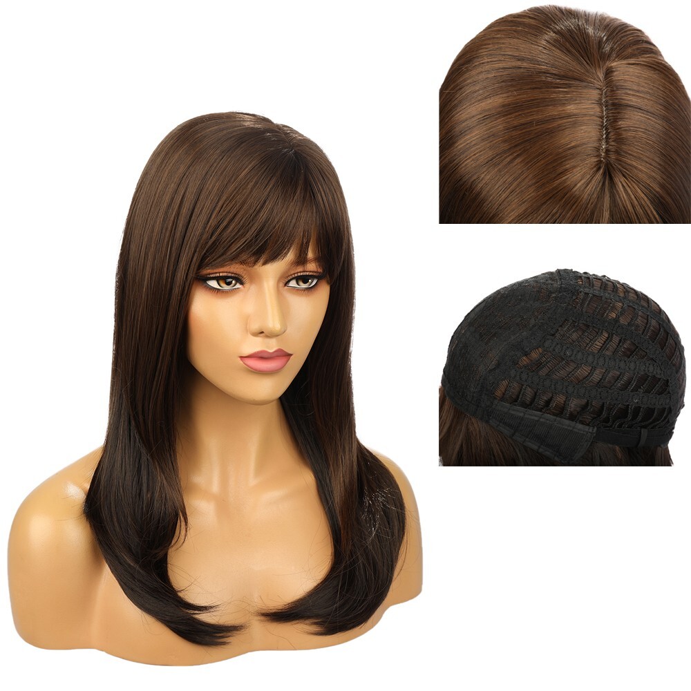 21.65in Brown High Temperature Fiber Hair Wigs With Bangs For Women 100% Density