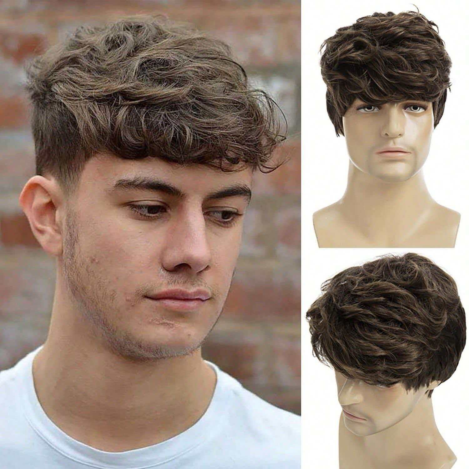 Men’s 8in Short Dark Brown Wig Full Cosplay Synthetic Heat Resistant Daily Party
