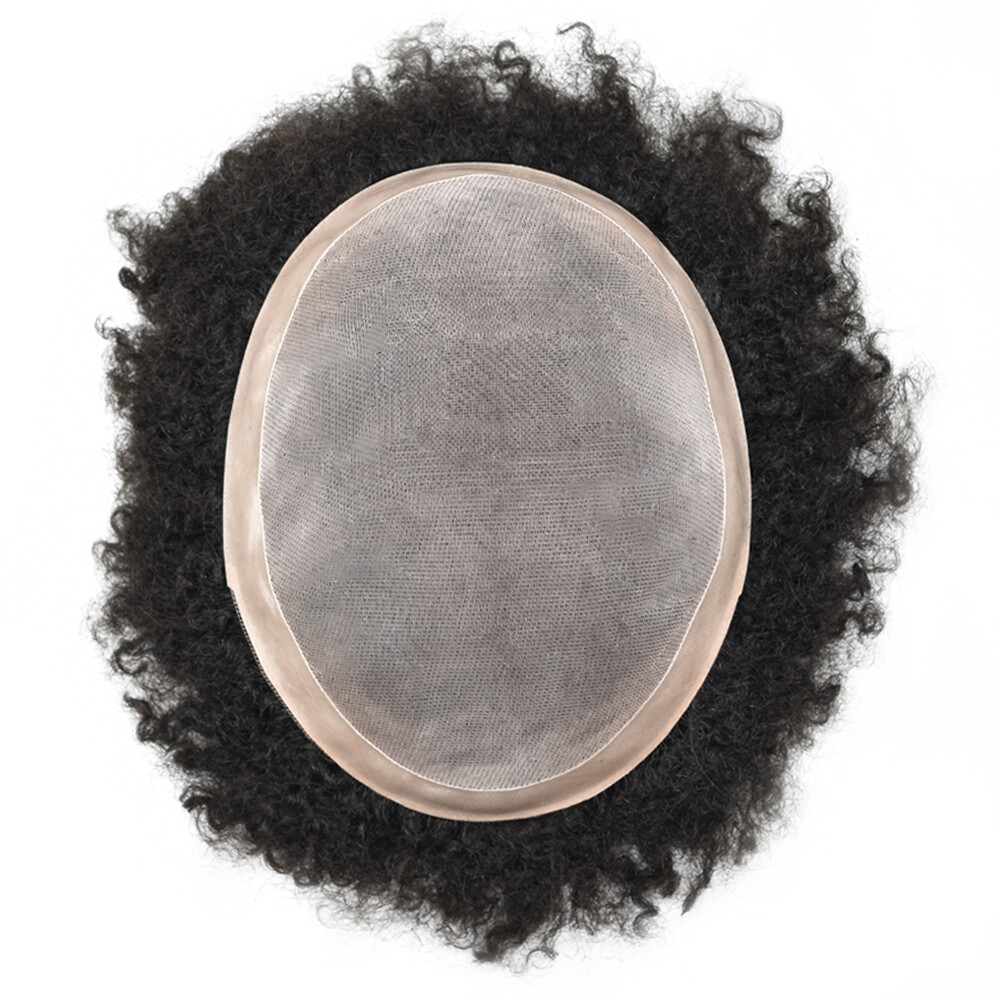 Mono PU Afro Curl Mens Toupee African American Human Black Hair Curly Systems