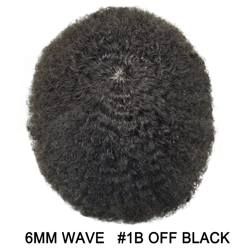 Afro Toupee for Black Men 6MM Curly Brazilian Hair System PU Base 1B Black