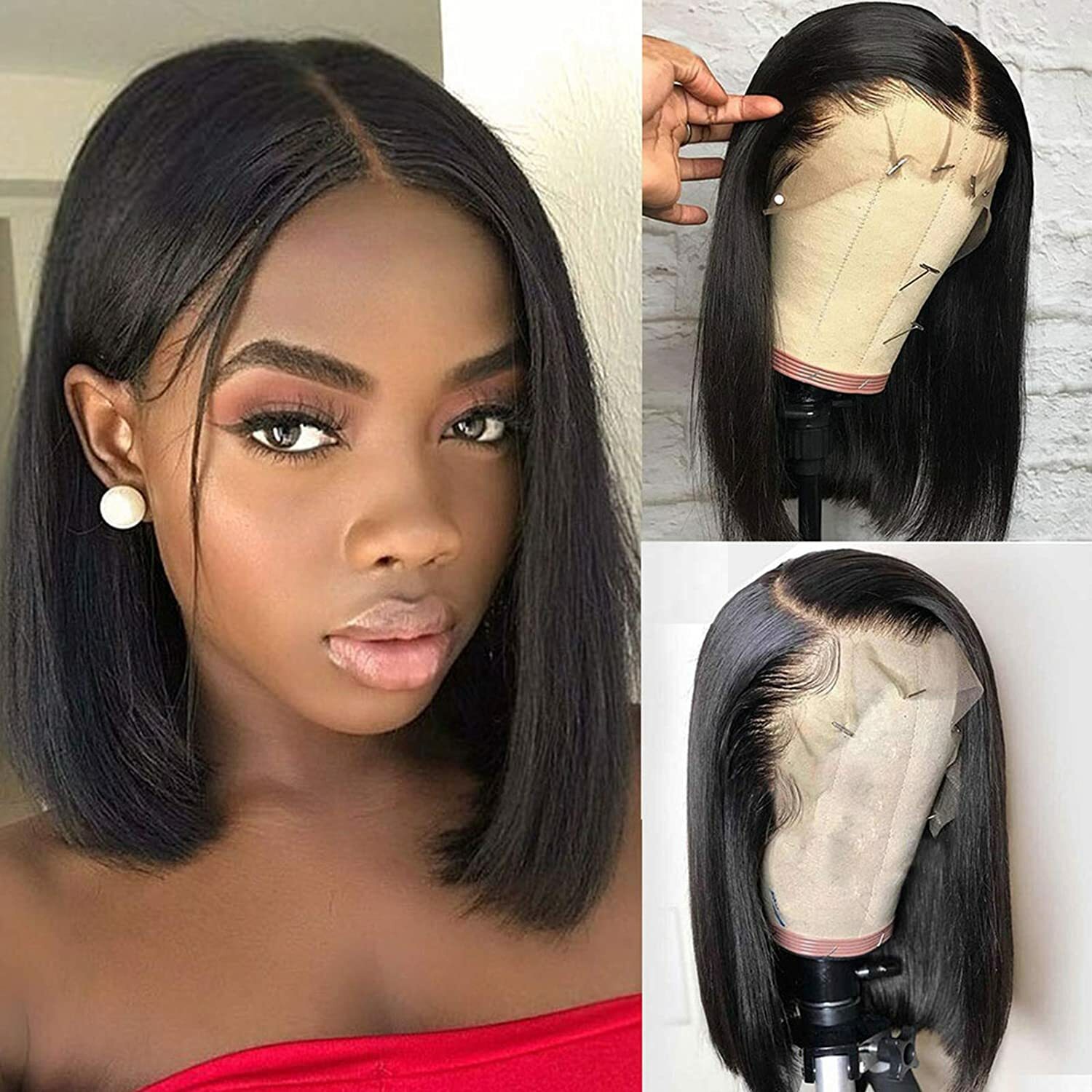 Black Full Head Cover Wig Short Bob Synthetic Lace Front Wigs Daily Use Natural