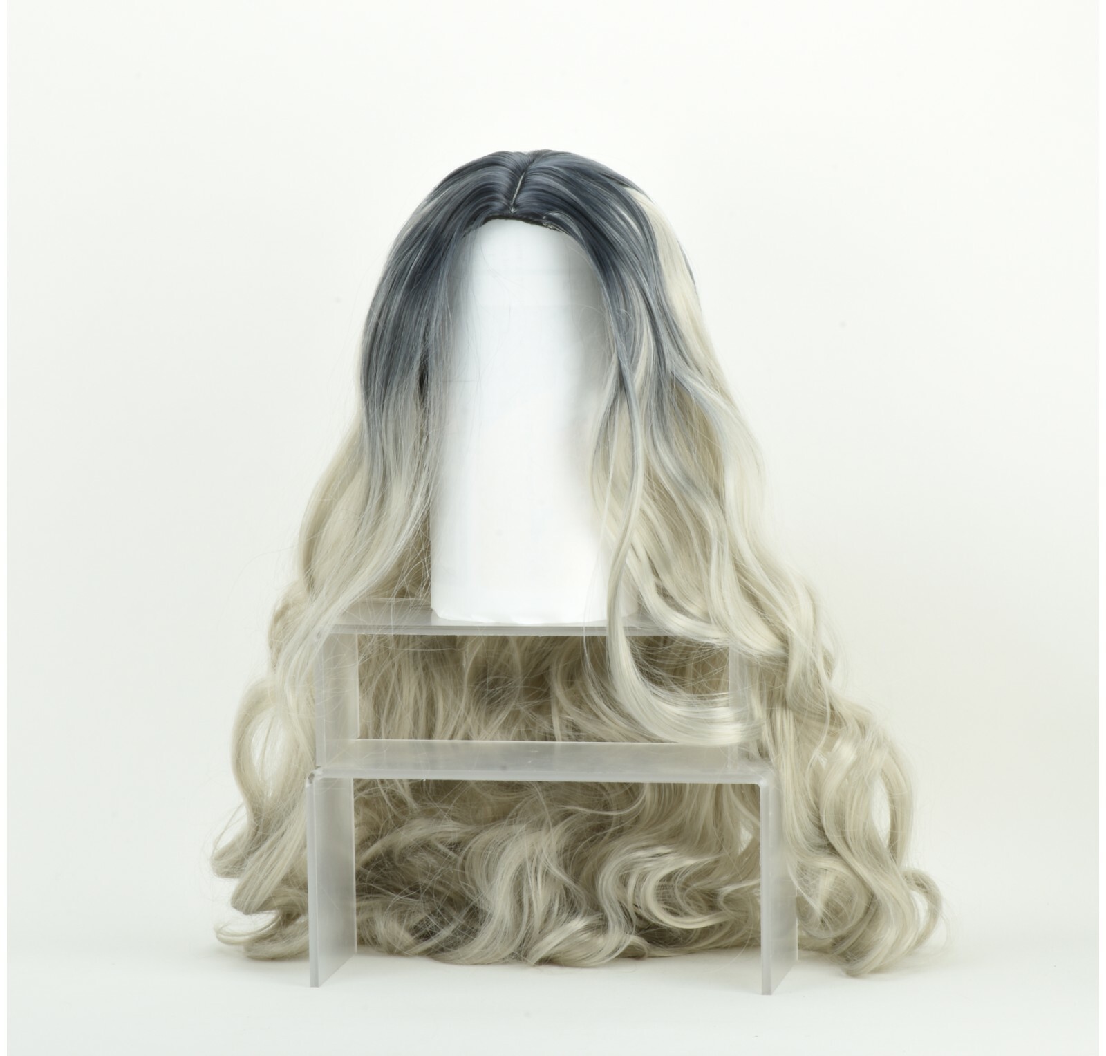 Women Lady Ash Gray Silver White Ombre Long Wavy Curly Blonde Wig Synthetic Hair