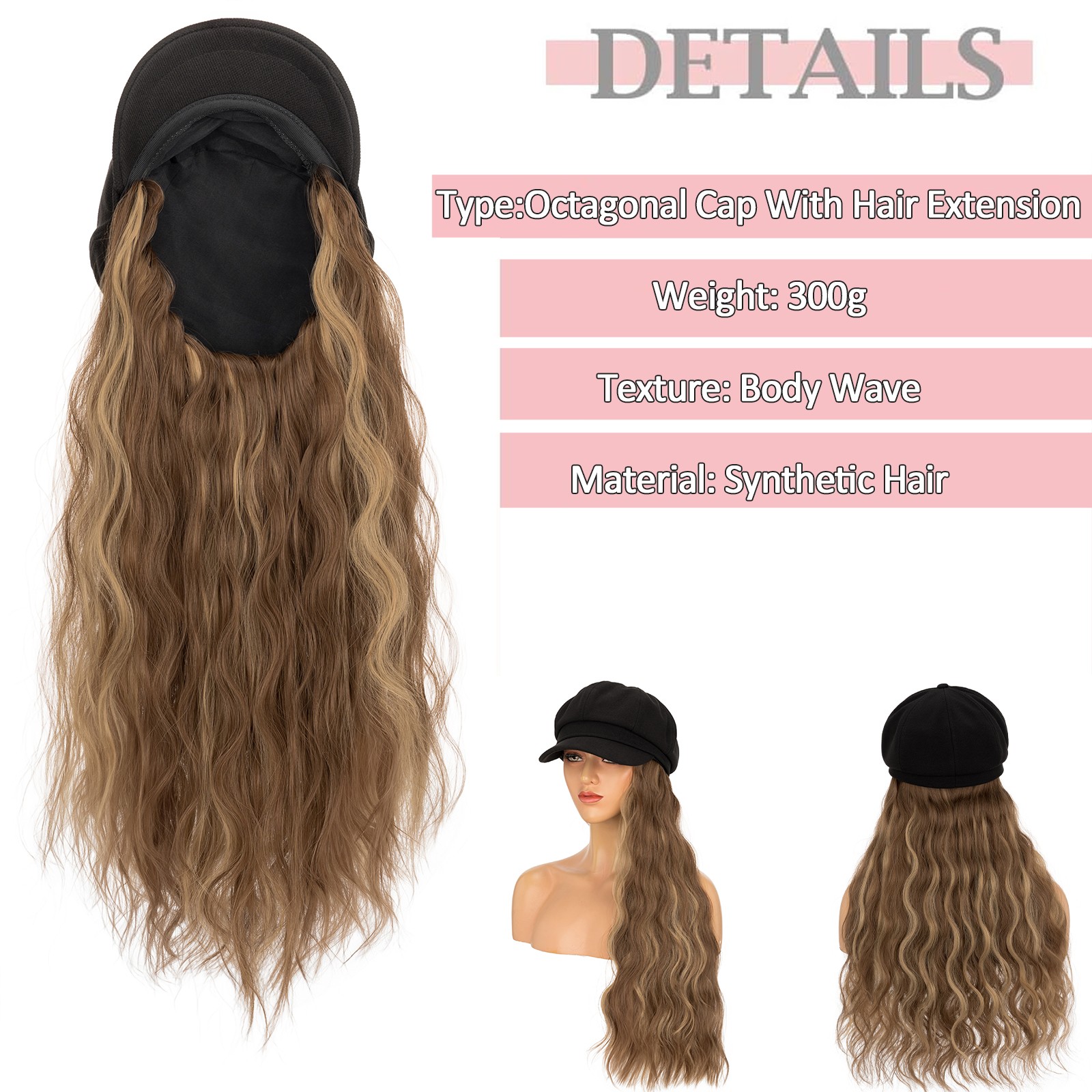 Women Beret Newsboy Hat Cap with 18″ Wavy Synthetic Hair Extensions Hairpiece US
