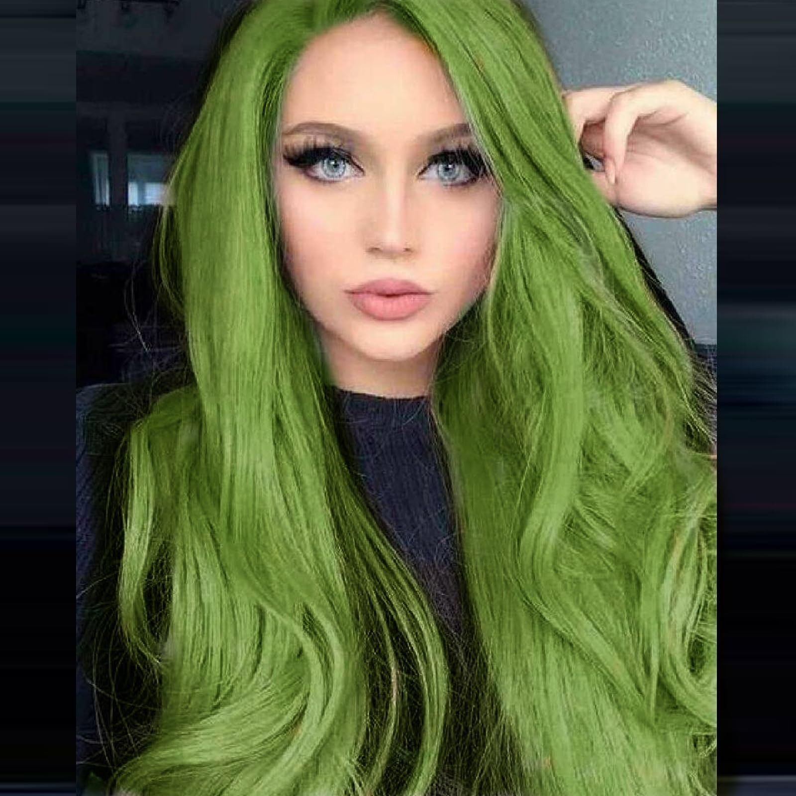 Matcha Green Wig Long Bouncy Wave Olive Green Synthetic Lace Front Wigs Pre P…