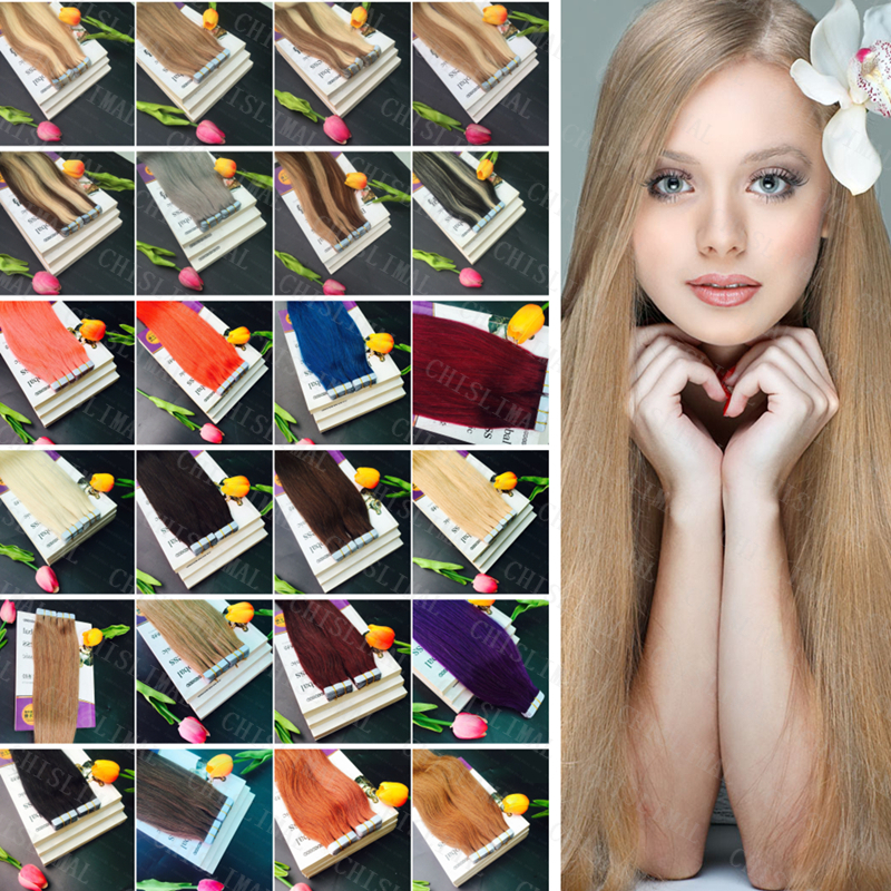 Tape In Remy Human Hair Extensions Virgin PU Skin 16″20″24″ Long 20/40pcs Hair