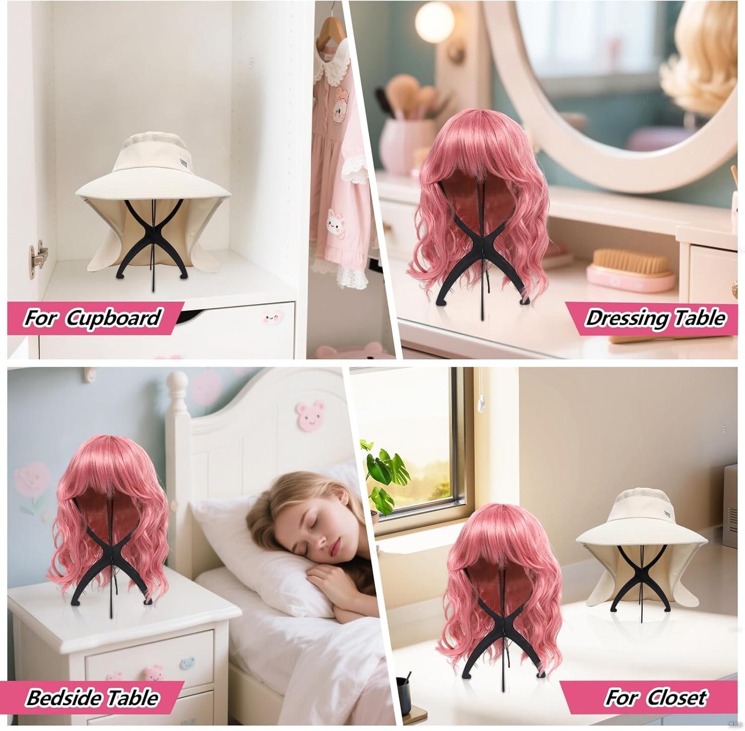 2 Pack Wig Stand, Head Stand Portable Holder for Multiple Wigs, black