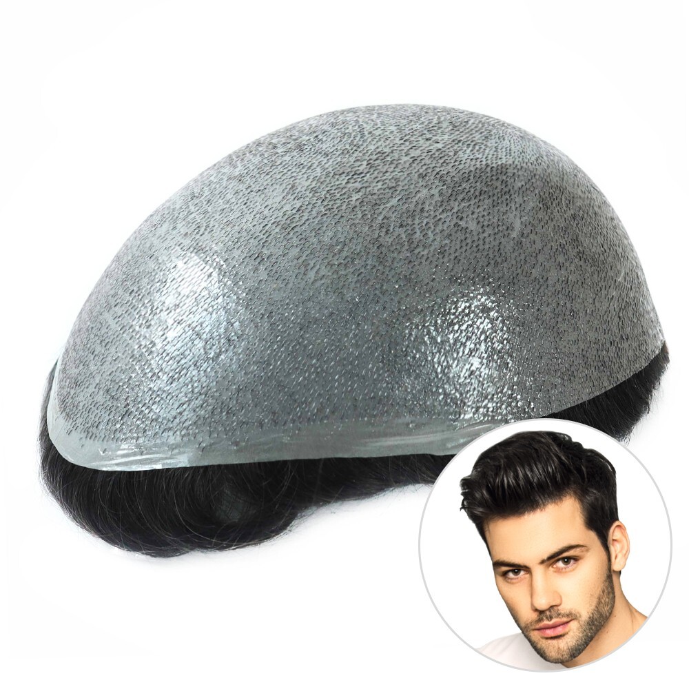 Mens Toupee Human Hair Replacement System Gent Hairpiece Ultra PU Black 8X10 #1C