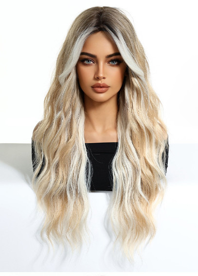 Long Wavy Rooted Blonde Mix Synthetic Hair Wigs Women Soft Natural Daily