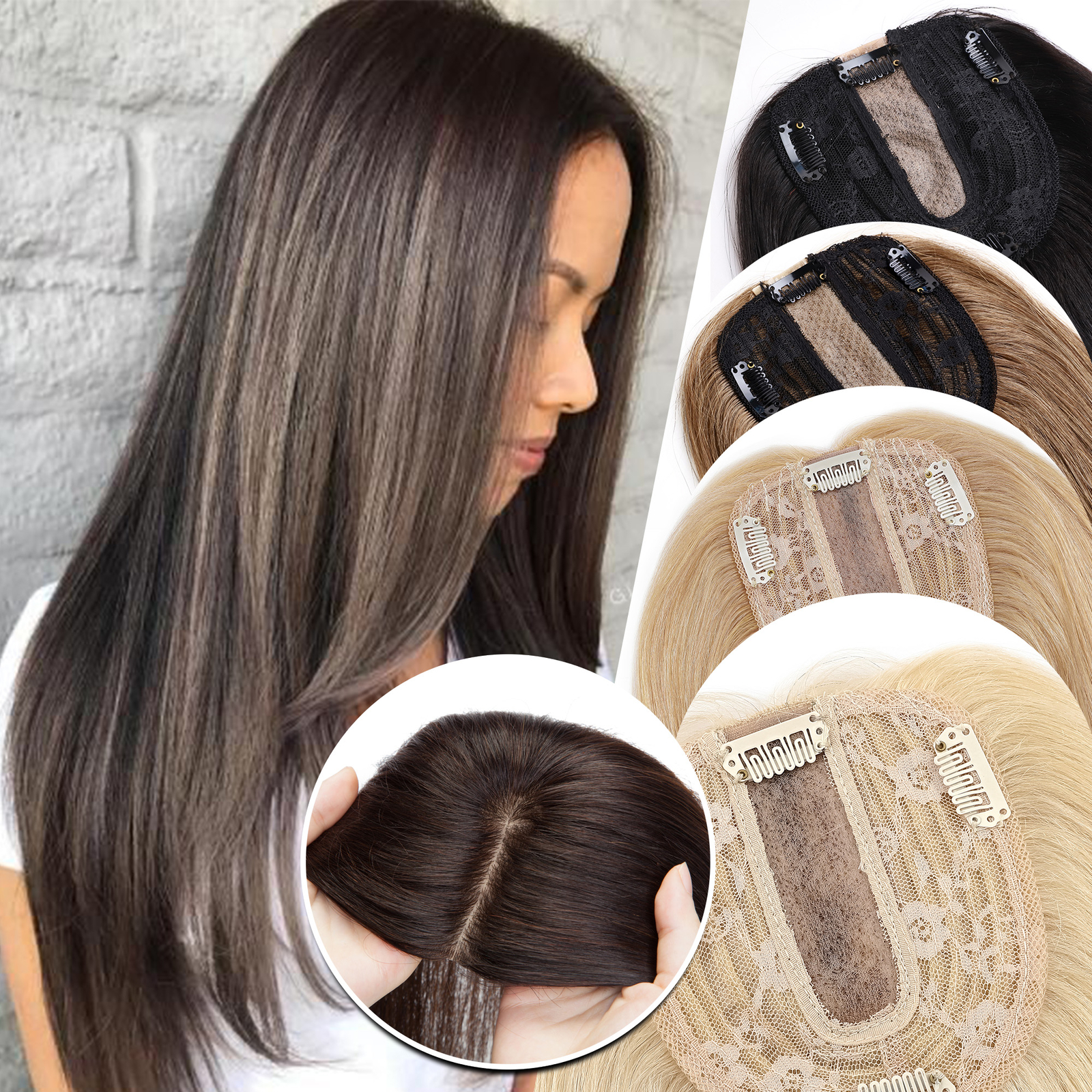 100% Human Hair Clip In Silk Mono Topper Toupee Hairpiece Tops Wiglets For Women