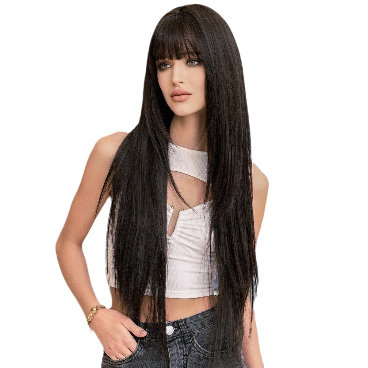 Long Black Layered Wig with Bangs Cosplay Party Halloween Natural Synthetic 34in