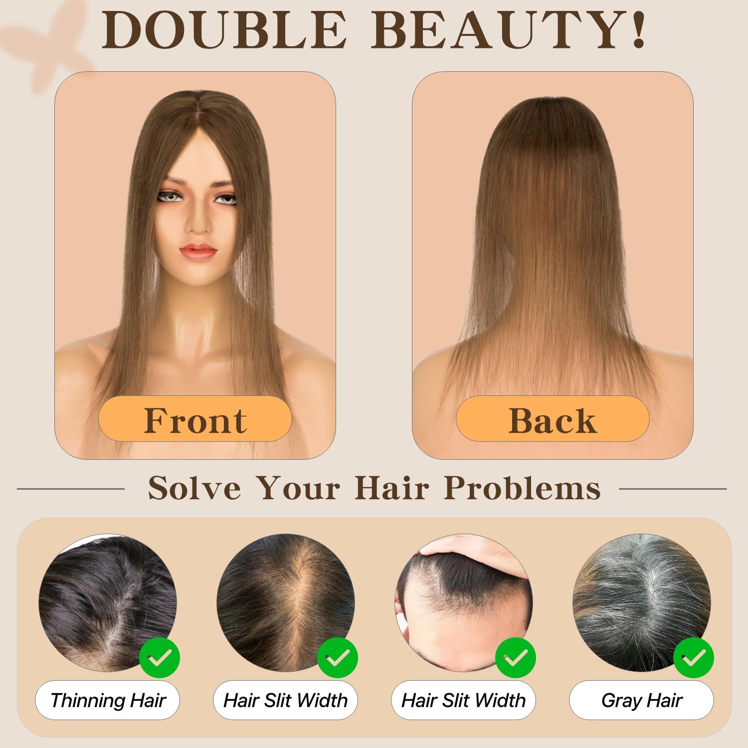 Medium brown 10-inch human hair topper, 100% Remy, 150% density, sleek, no bangs
