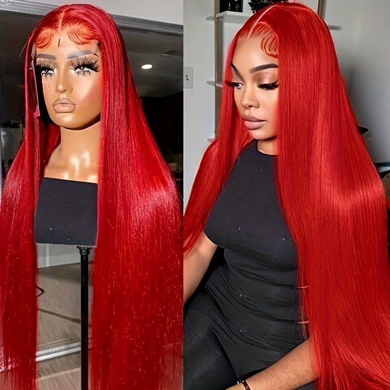 Red Heat Resistant Glueless Frontal Lace Replacement Wigs Pre Plucked Natural