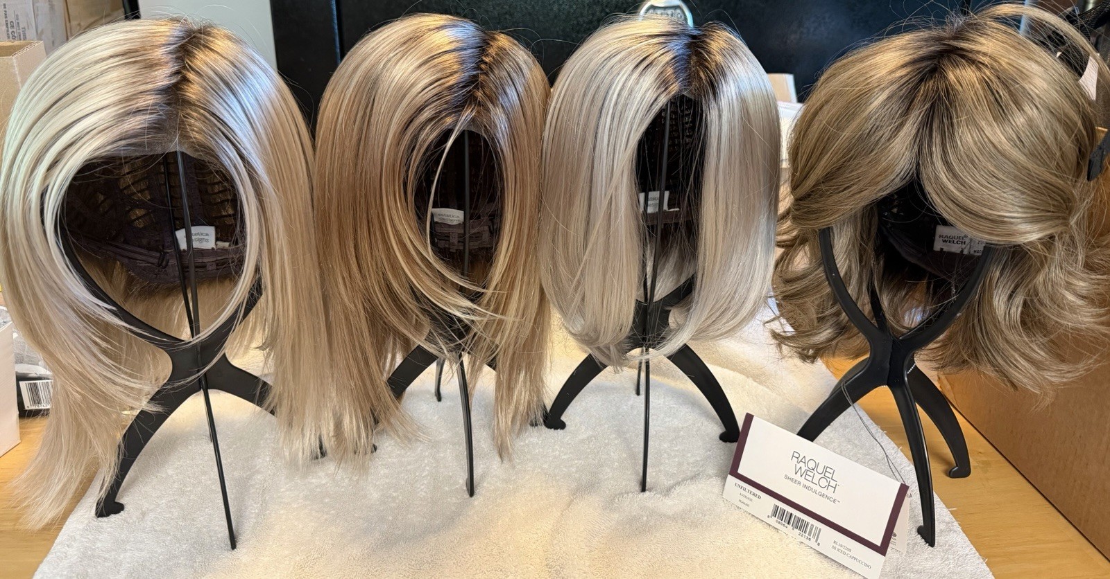 4 Synthetic Wigs, Stands, Wig Care System