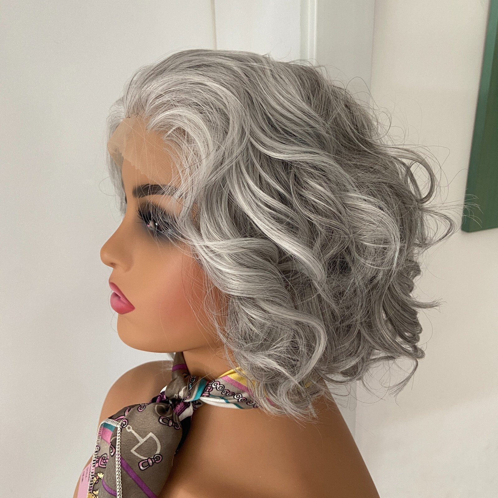 Lace Front Wavy Hairstyle Light Gray Human Hair Blend Heat Ok Women Soft Natural