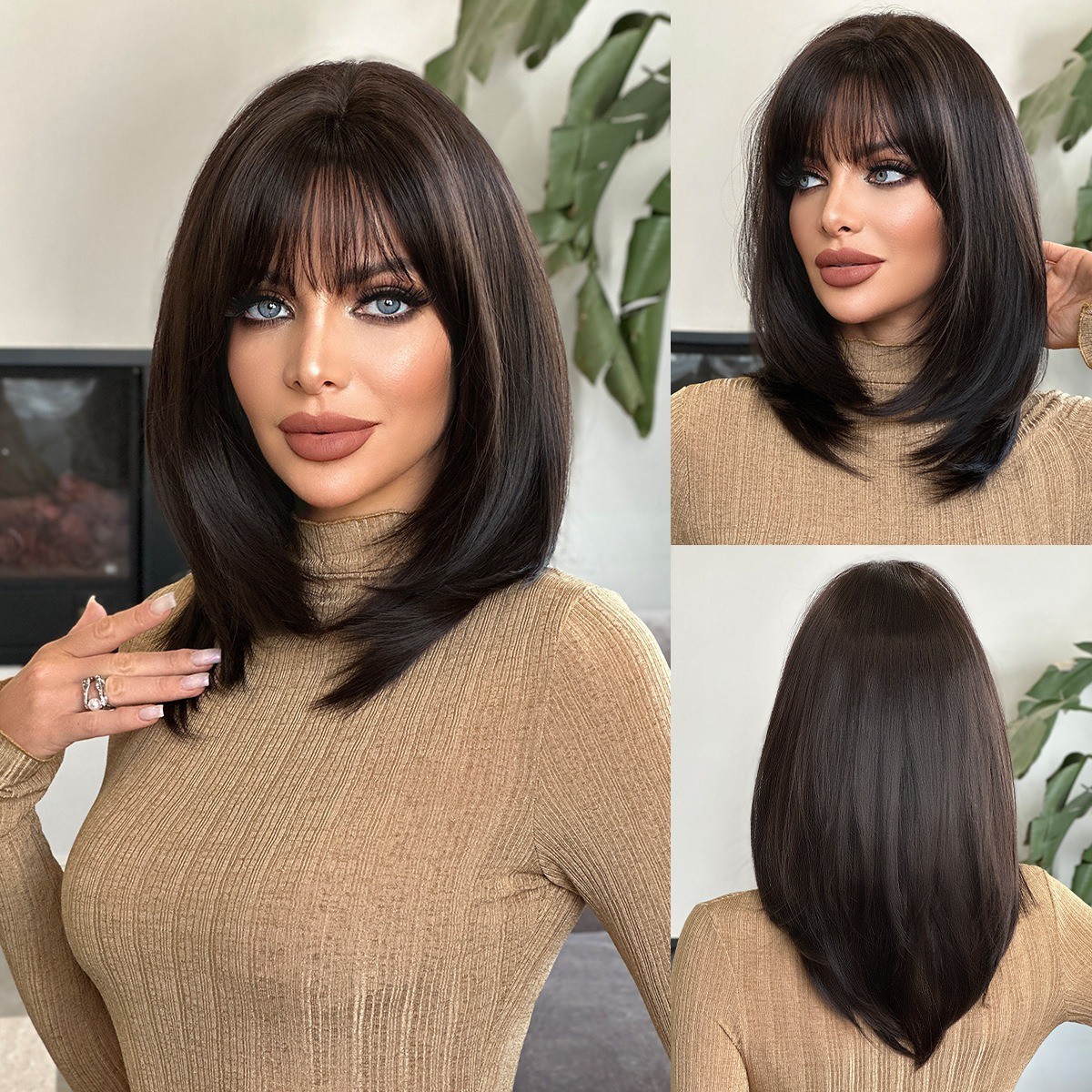 Wig woman black tea-colored shoulder-length straight hair layered wig full head