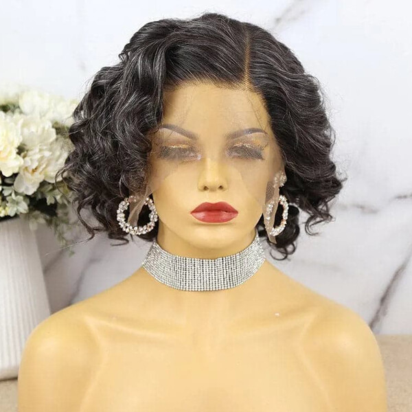 Short Black Grey Curly Human Hair Wigs Pixie Lace Front Glueless Soft Remy Wigs