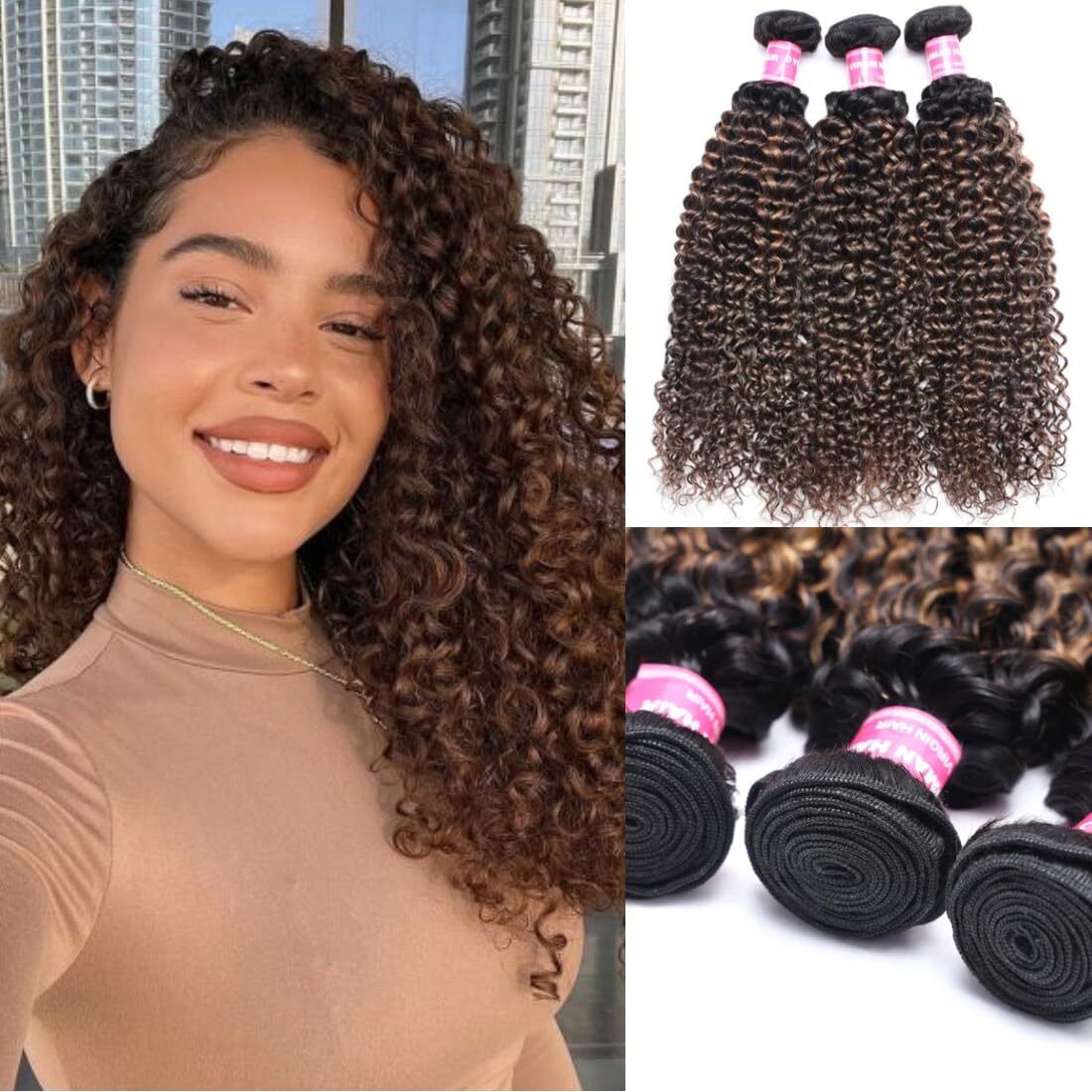 Peruvian Ombre Highlight Balayage Brown Curly Bundles Human Hair Extension Weave