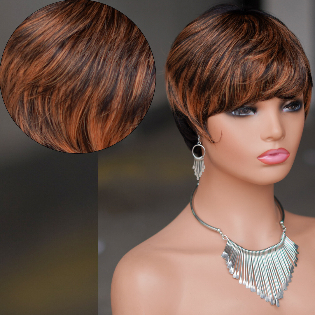 Pixie Cut Black Brown Blonde Mixed Wig Short Straight Human Hair Wig Glueless