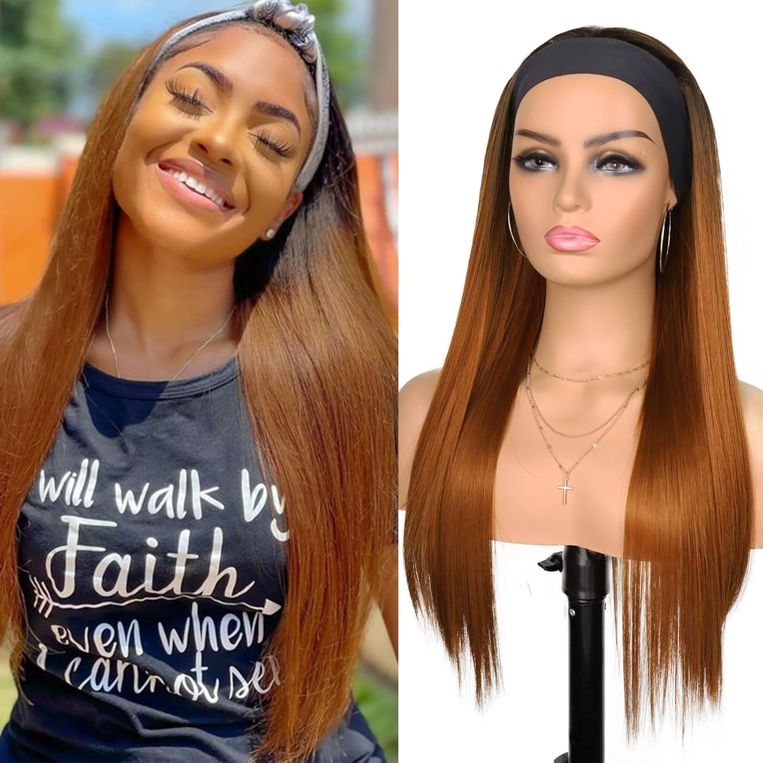 Headband Wig Synthetic Straight Brown 4/30 Long Natural Look Daily Wear