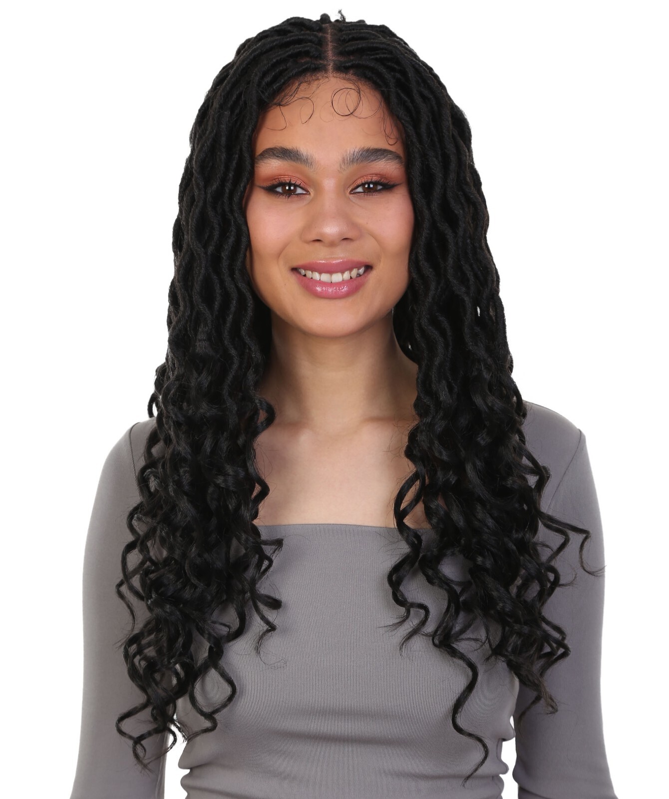 LUXLUXE Andrea 4×4 Curly Long 4X4 Hand Tied Lace Braid Natural Black Wig